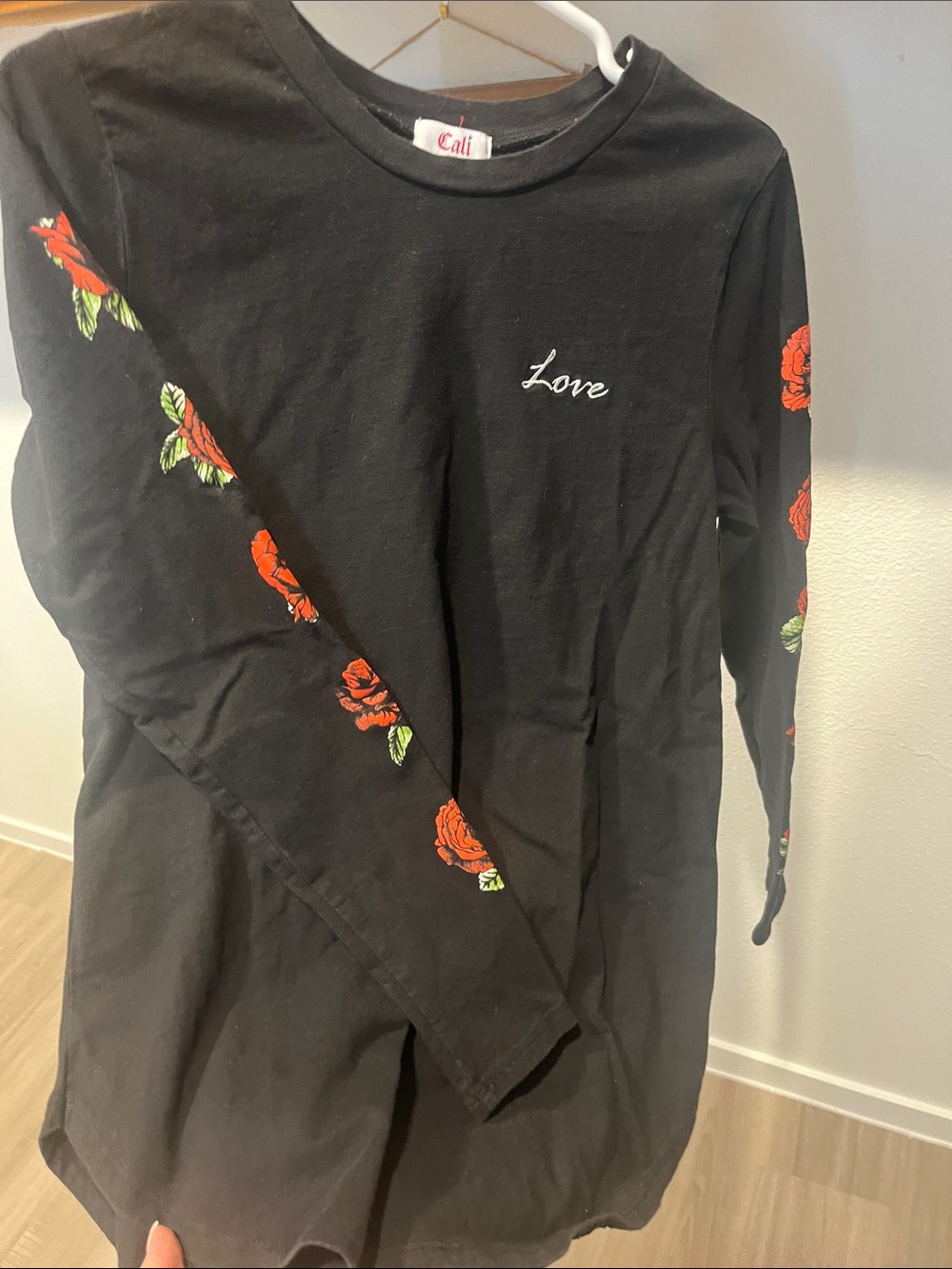 Love Black Long Sleeve Tee with Red Rose Sleeve Accents